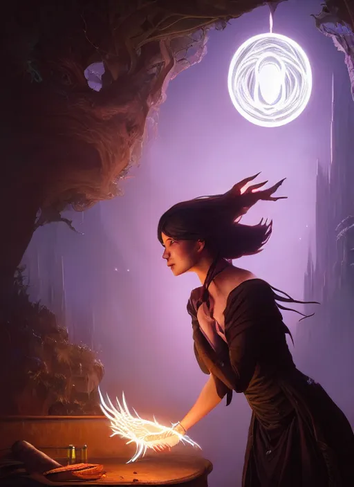 Image similar to highly detailed vfx portrait of a sorceress casting a spell of light and darkness, unreal engine, greg rutkowski, only, once, beeple, makoto shinkai and louis van baerle, ilya kuvshinov, rossdraws, tom bagshaw, alphonse mucha, global lighting, detailed and complex environment