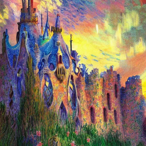 Prompt: antonio gaudi i cornet style castle, dream, colorful, cosy wilderness, highly detailed, sharp focus, illustration by makoto shinkai, monet painted