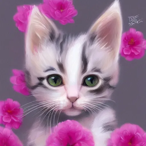 Image similar to cute kitten with pink flowers, digital art, concept art, gemmy woud binnendijk, nixeu, artgerm