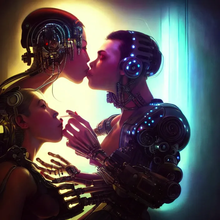 Image similar to ultra realistic medium shot of a couple of cyborgs kissing, lovers, cyberpunk, sci - fi, fantasy, kodak, colour led, soft light, volumetric lighting, night, intricate, highly detailed, digital painting, concept art, smooth, sharp focus, illustration, art by artgerm and greg rutkowski and alphonse mucha