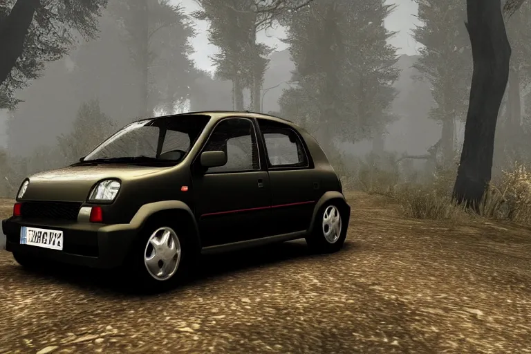 Prompt: screenshot of 1990's Renault twingo in skyrim, dark, moody, medieval