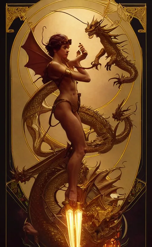 Image similar to magic gold dragon gorgeous lighting by weta studio, mucha, bautista and norman rockwell and greg rutkowski and tom bagshaw and james gurney and lucasfilm