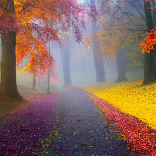 Prompt: shot on 7 0 mm, textured 3 d, autumn trees with purple, red, yellow leaves, textured 3 d, hyperealism, misty, foggy morning, sun shines upon it, 4 k