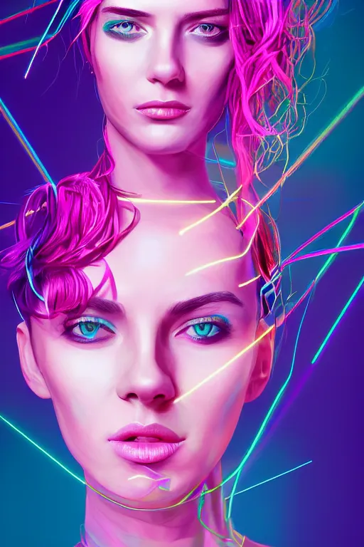 Image similar to a award winning half body portrait of a beautiful woman with stunning eyes in a croptop and cargo pants with ombre purple pink teal hairstyle and hands in pockets by thomas danthony, surrounded by whirling illuminated lines, outrun, vaporware, shaded flat illustration, digital art, trending on artstation, highly detailed, fine detail, intricate