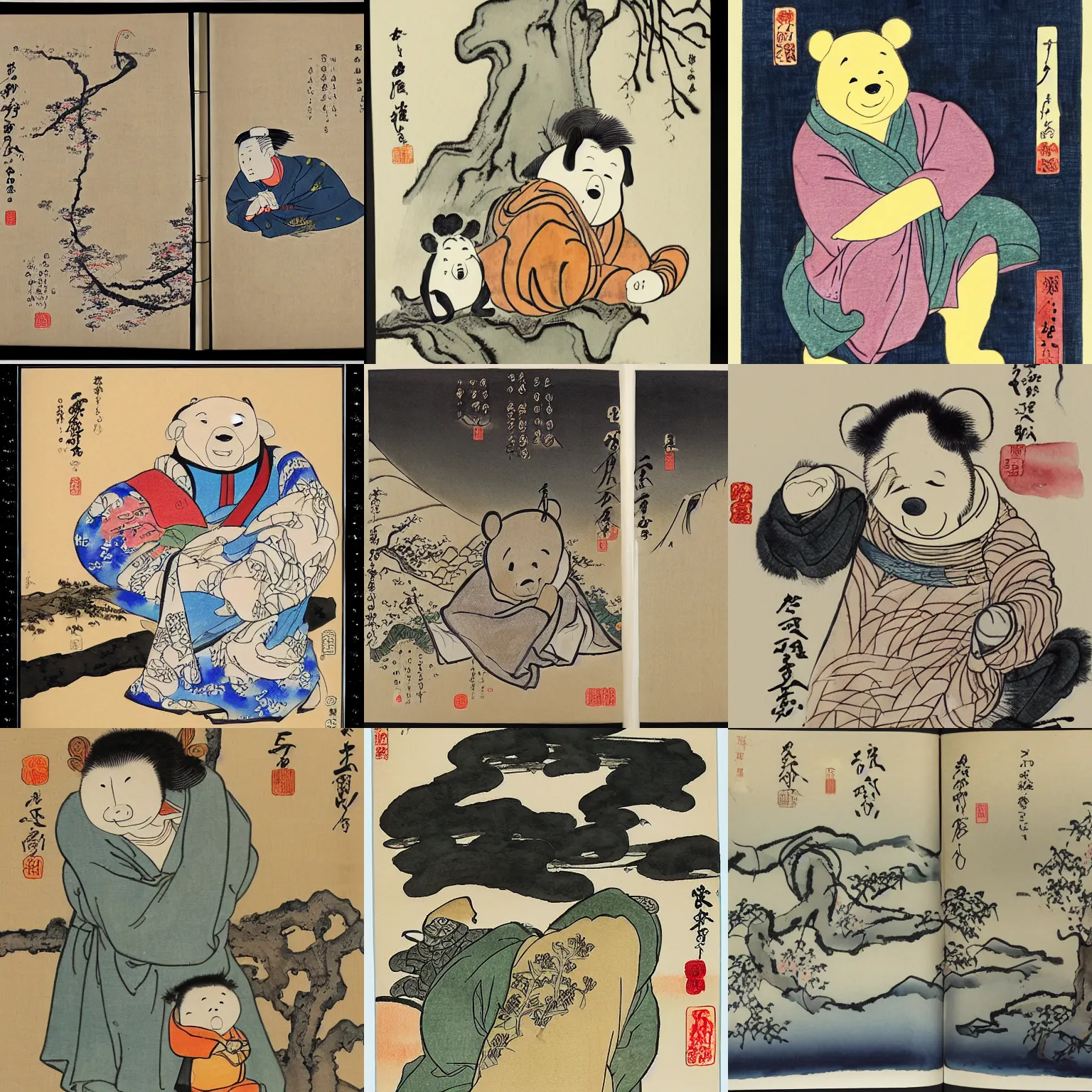 Prompt: images from the tao of pooh, ink caligraphy, watercolor, ukiyo - e,