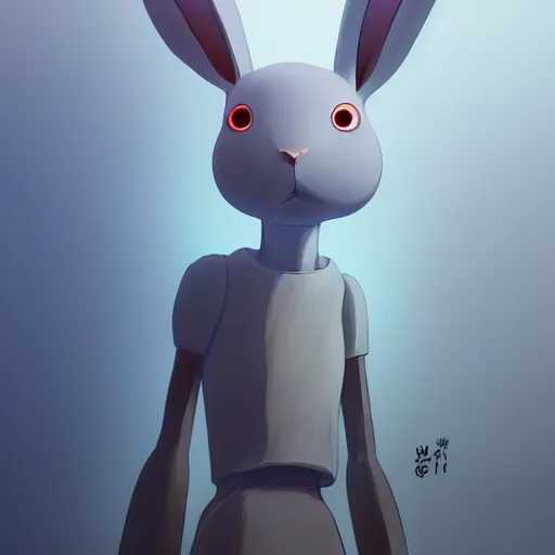 Image similar to artstation, by hayao myazaki, concept art, digital art, light blue, 2 - dimensional, 2 d, a rabbit robot