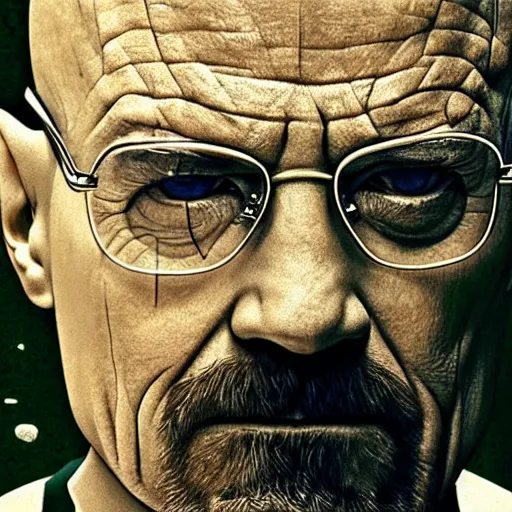 Prompt: close up still of walter white seeing the matrix code, highly detailed face, highly detailed skin, award winning scene, photography, photo, beautiful glitching green matrix code