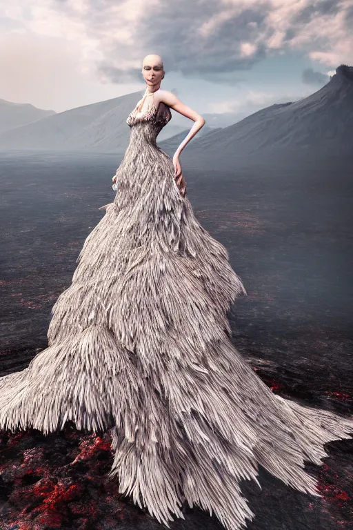 Image similar to a beautiful hyperrealistic ultradetailed 3D, one girl in a magnificent McQueen couture dress stands near a volcano, voge photo, fashion style, fullbody, in full growth, photorealistic, high resolution, trending on artstation, highly detailed, volumetric lighting, elegant, details, good clear quality, volumetric lighting,