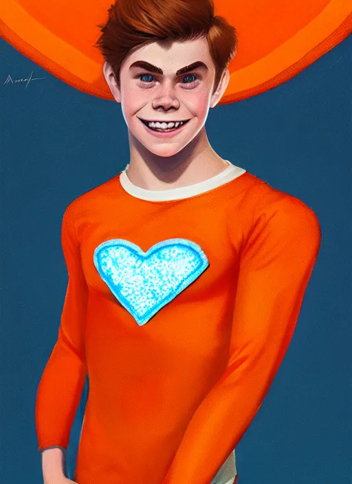 Image similar to friendly teenage archie andrews wearing an orange superhero costume with heart logo, freckles, superhero costume, heart emblem on chest, cape, intricate, elegant, glowing lights, highly detailed, digital painting, artstation, sharp focus, illustration, art by wlop, mars ravelo and greg rutkowski