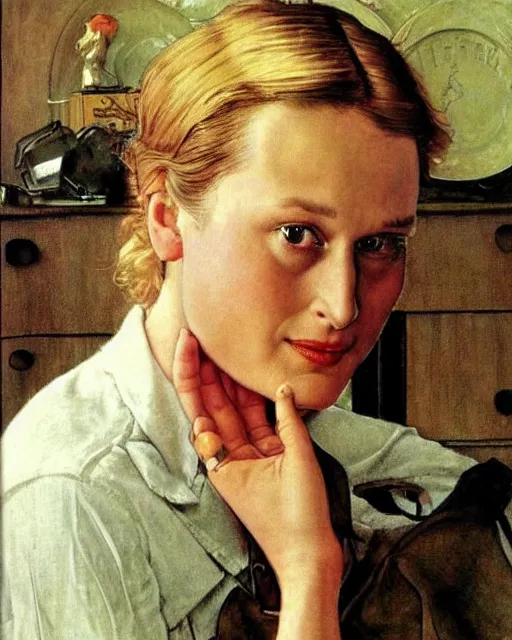 Prompt: portrait of a young meryl streep by norman rockwell