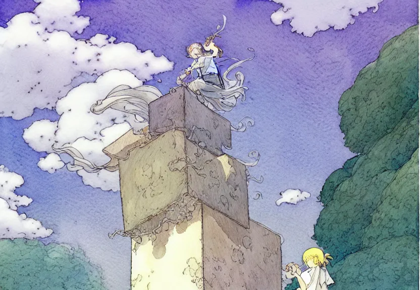 Image similar to a simple watercolor fantasy concept art of a giant grey cube floating in the air. by studio ghibli, rebecca guay, michael kaluta, charles vess