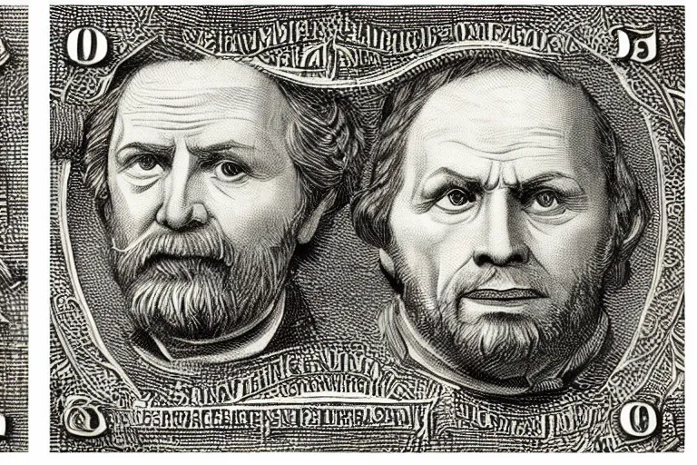 Prompt: An engraved portrait of Jaroslaw Kaczynski , detailed!!! copper-plate engraving in the style of money bills, fine!!! lines, engraved by Alfred Sealey, Bureau of Engraving and Printing