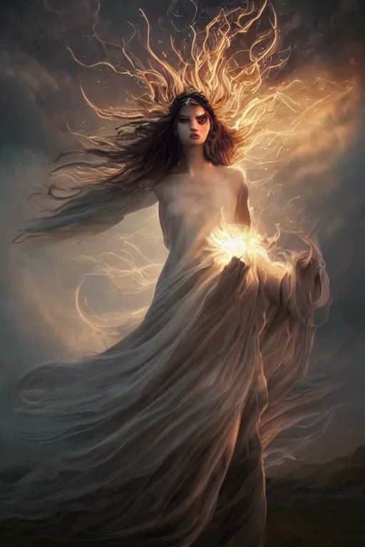 Prompt: a celestial goddess casts a fire magical spell, windy floating hair!!, moody muted tones, surrealistic, seductive beauty! cinematic volumetric lights, full portrait, dnd, fantasy, intricate, elegant, highly detailed, digital painting, artstation, concept art, smooth, sharp focus, illustration, art by artgerm and tom bagshaw and greg rutkowski and alphonse mucha