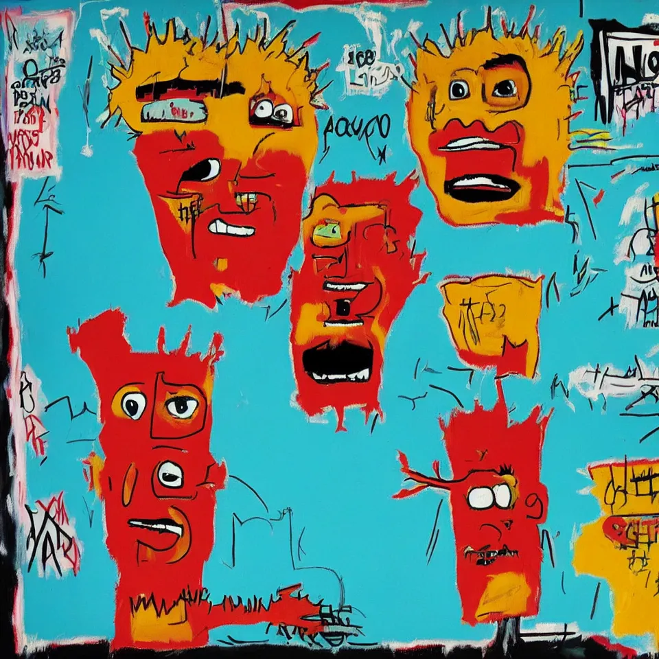 Prompt: a 1 9 8 8 basquiat painting of aqua teen hunger force, baghoomian gallery, painterly, large painting