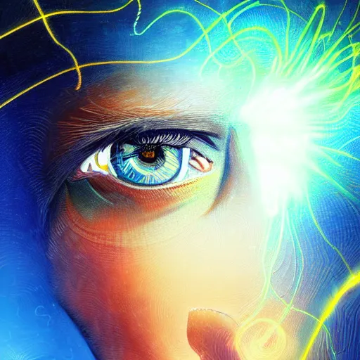 Image similar to powerful eyes glowing highly detailed painting of deep sadness alone, young blonde boy, fractal electricity surrounding him, expressive emotional sadness piece, trending on art station, abstract emotional sadness expression, very very very beautiful, fantasy digital art