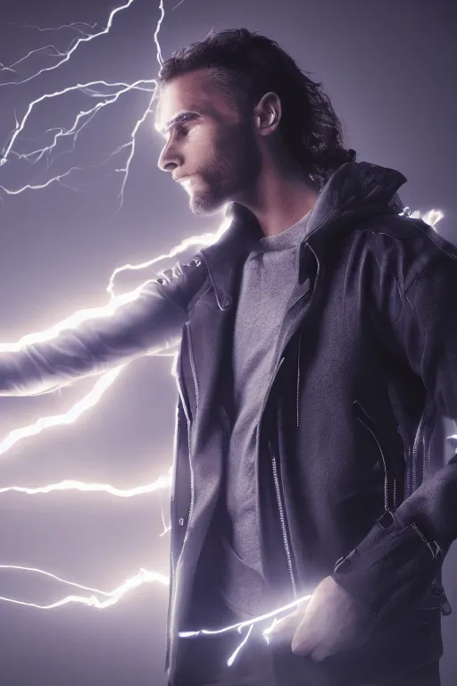 Prompt: man with lightning in his hands flying several meters above the ground with his arms crossed and with a long jacket, cyberpunk, realistic, high definition, many details, symmetrical face, realistic eyes, unreal engine art 5