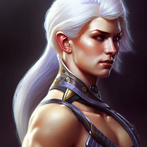 Prompt: female hot soldier with white hair, muscular upper body, D&D, fantasy, intricate, elegant, highly detailed, digital painting, artstation, concept art, smooth, sharp focus, illustration, art by artgerm and greg rutkowski and alphonse mucha