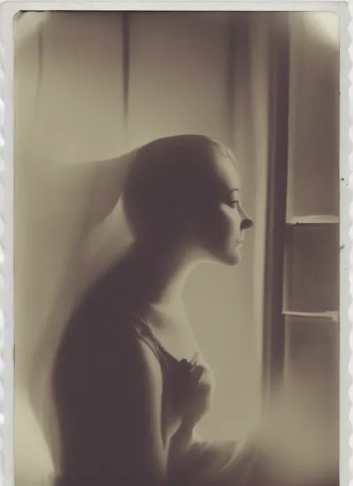 Prompt: a woman looking out a window in the afternoon, flash polaroid photo by george hurrell, hazy light rays, golden hour