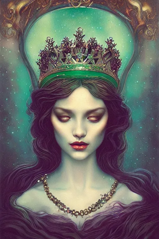 Image similar to Crown with iridescent pearls, emerald jewels, other worldly, art nouveau, by Anato Finnstark, Tom Bagshaw, Brom