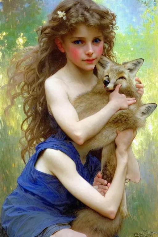 Image similar to a seven - year old with curly light - dirty - blonde hair, blue eyes, tan!! skin playing with foxes, painting by daniel gerhartz, alphonse mucha, bouguereau, detailed art, artstation
