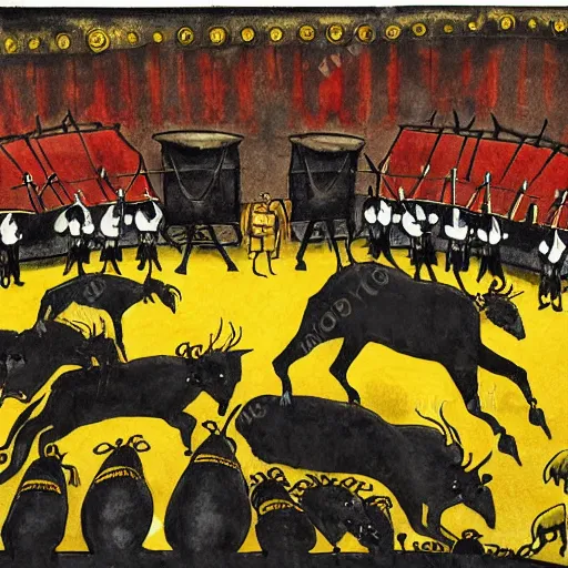 Image similar to ecstatic by alexander jansson dark black, ochre. a illustration of a bullfight in spain. the illustration is set in an arena with spectators in the stands. several figures in the illustration, including a matador & a bull.