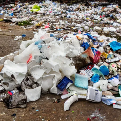 Image similar to lumpy dirty styrofoam garbage dump next to a broken mannequin, sigarette buds, wet newspaper, magazines, dirty water puddle, 8k