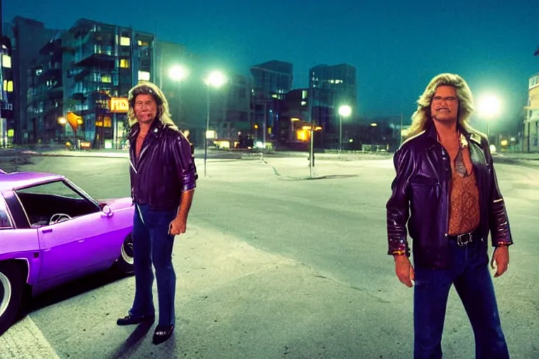 Image similar to 80s dressed Kurt Russel posing and in the background there two 80s sports cars parked on a deserted city street at night time, purple lighted street, wide angle, cinematic, retro-wave vibes, grainy, soft motion blur