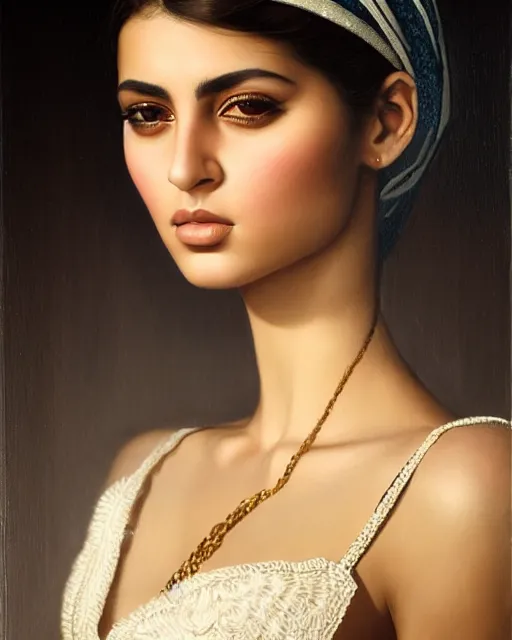Image similar to a highly realistic, true to life portrait of a beautiful young middle eastern girl, sharp focus, from the waist up, with sharp features, a beautiful face, soft smile, under studio lighting, taken with a canon eos camera with 1 3 5 mm focal length, art by karol bak, james jean, tom bagshaw, trending on artstation,