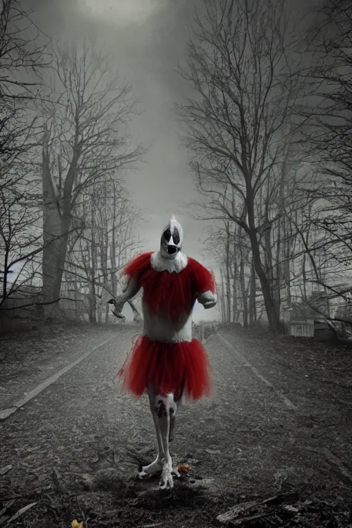 Prompt: creepy clown in liminal space by Gregory Crewdson