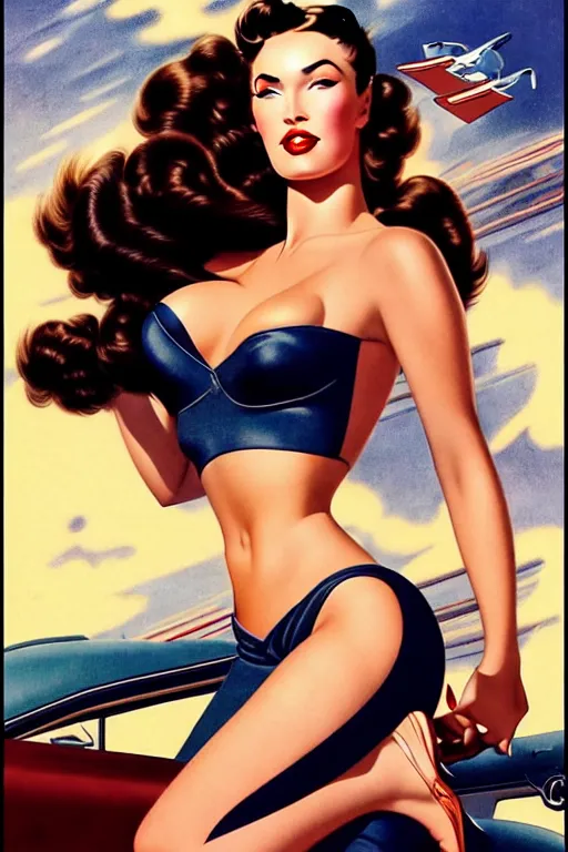 Image similar to beautiful retro space megan fox varga girl sitting on a corvette in diesel punk city, windblown dark hair, retro pinup model, seductive, 1 9 4 0, glamour pose, intricate, smoke, hyper detailed, digital art, smooth, sharp focus, alberto vargas, gil elvgren, greg rutkowski