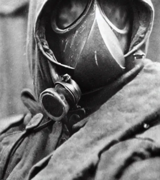 Prompt: a man in hooded gas mask, ww1 film photo, grainy, high detail, high resolution