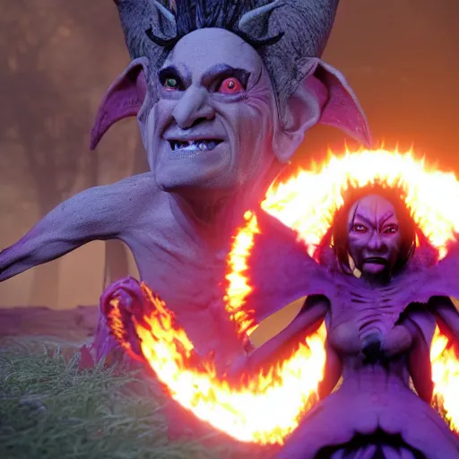 Image similar to a frightening, enraged elf with violet skin reflecting a fiery scene, a scarred face, a bob haircut, and bushy eyebrows, grinning, with hell aflame behind them, in the style of gary frank and rafael albuqurque, rendered in unreal engine