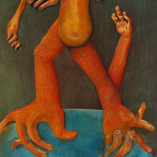 Prompt: a painting of a strange mythical beast with hands replaced by feet and the feet replaced with hands, in the style of Max Ernst