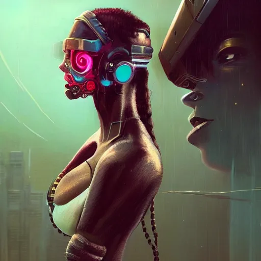Prompt: portrait of sexy beautiful woman, head made of mech mask rendered in unreal engine, cyberpunk, rave by andy warchol, scifi nanowires on skin, painted by andrew wyeth | angus mckie | anton fadeev