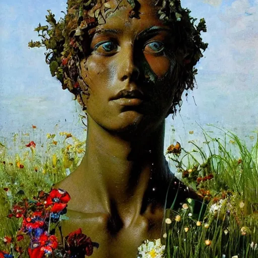 Image similar to a sculpture portrait made of water and sand and flowers and plants, painting part by wojciech siudmak, part by ilya repin, part by max ernst, part by norman rockwell, artstation