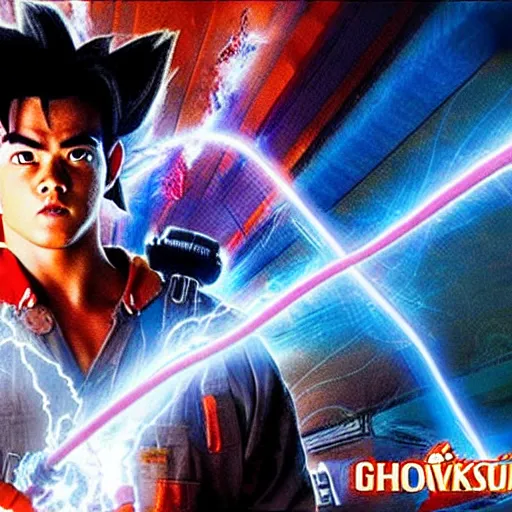 Image similar to stunning awe inspiring son goku with a highly detailed face as a ghostbuster in the movie ghostbusters, movie still 8 k hdr atmospheric lighting