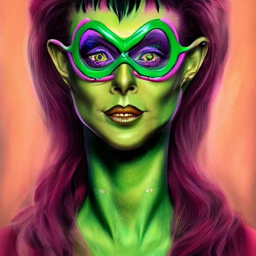 Image similar to an extremely psychedelic portrait of elvira as the riddler, surreal, lsd, face, detailed, intricate, elegant, lithe, highly detailed, digital painting, artstation, concept art, smooth, sharp focus, illustration