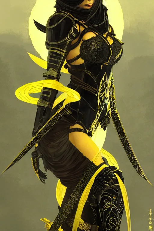 Image similar to portrait Ninja gaiden girl, armored black and yellow ninja wardrobe, in ruin japanese temple rainny night, ssci-fi and fantasy, intricate and very very beautiful and elegant, highly detailed, digital painting, artstation, concept art, smooth and sharp focus, illustration, art by tian zi and WLOP and alphonse mucha