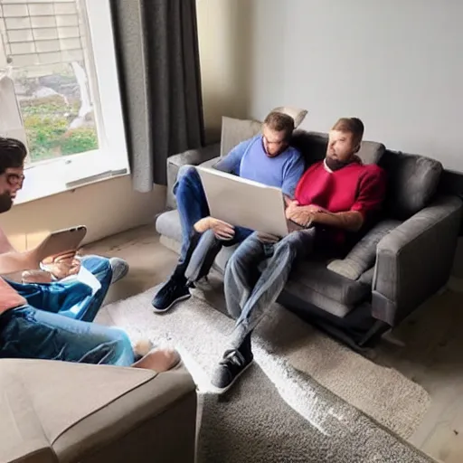 Prompt: virgin men sitting on their couches using stable diffusion in discord on their phones, too down perspective