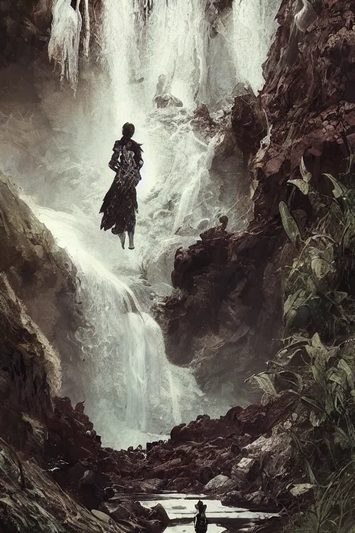 Image similar to a full body portrait of a beautiful post apocalyptic offworld neoicelandic biofarmer swimming by the waterfalls, intricate, elegant, highly detailed, digital painting, artstation, concept art, smooth, sharp focus, illustration, art by krenz cushart and artem demura and alphonse mucha