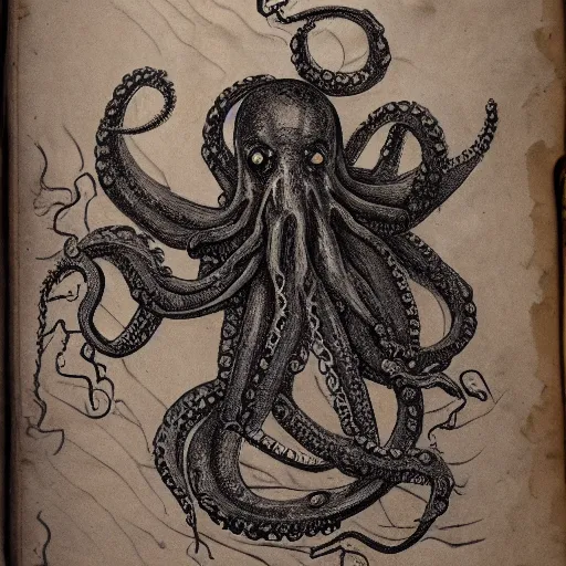 Prompt: necronomicon sketch of an ancient octopus monster, faded parchment, descriptions, aged, highly detailed, 8 k,