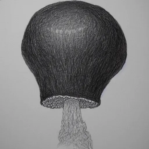 Image similar to vladimir putin wearing a nuclear mushroom cloud for a hat, cartoonish, ultra detailed pencil drawing