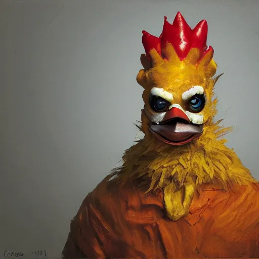 Prompt: scary portrait of an asian man dressed as a chicken, the chicken man, man dressed as a chicken, highly detailed painting by craig mullins, 8 k, man dressed as a chicken