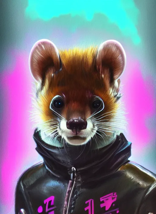 Image similar to cyberpunk anthropomorphic ferret pine marten, with pink mohawk, wearing leather jacket, medium shot portrait, digital painting, trending on ArtStation