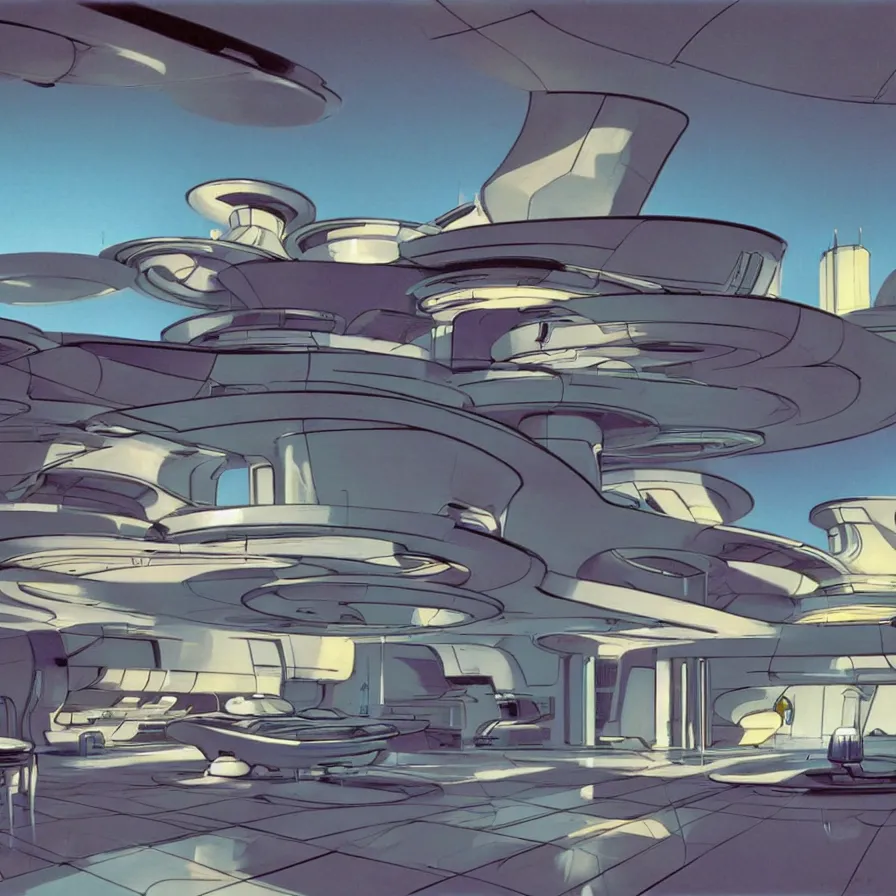 Image similar to concept art of jetsons cartoon scenario of a futuristic house, painted by syd mead