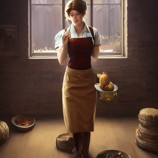 Image similar to epic portrait an muscular waitress wearing short sleeved uniform and carrying food, digital painting, artstation, concept art, soft light, hdri, smooth, sharp focus, illustration, fantasy, intricate, elegant, highly detailed, D&D, matte painting, in the style of Greg Rutkowski and Alphonse Mucha and artemisia, 8k, highly detailed, jurgens, rutkowski, bouguereau, pastoral, rustic, georgic, detailed concept art, illustration, colorful pastel, painting, detail, ultra detailed, digital art, 4K,