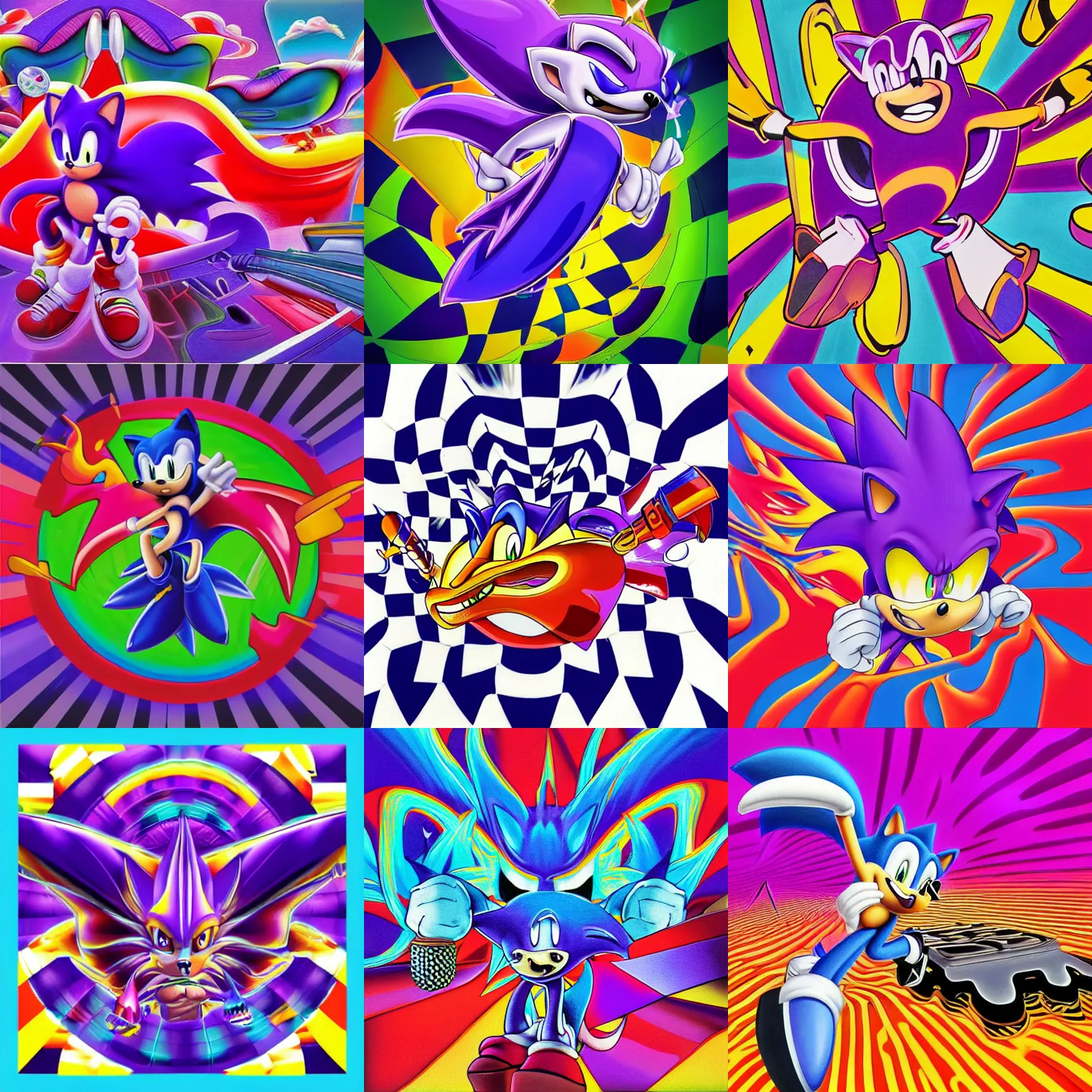 Prompt: surreal, sharp, detailed professional, high quality airbrush art MGMT album cover of a liquid dissolving LSD DMT sonic the hedgehog on a flat purple checkerboard plane, 1990s 1992 prerendered graphics raytraced phong shaded album cover