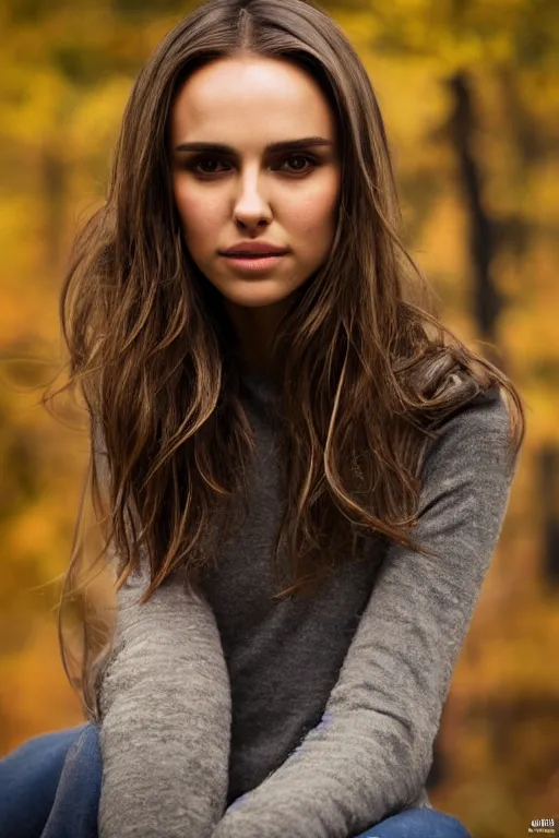 Image similar to a photo of a girl half Nathalie Portman half Jessica Alba, portrait, 3/4 view, amber eyes, a shy face, Refined, Detailed professional photo, 50mm lens, Canon eos, soft an diffuse lights, autumn light, blurry distant background, Highly Detailed, Cinematic Lighting, Unreal Engine, 8k, HD