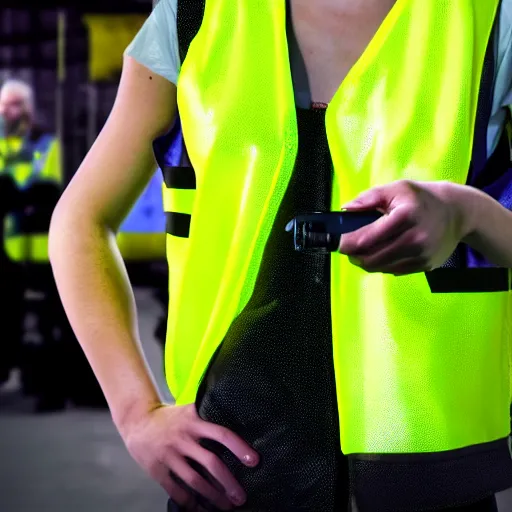 Image similar to photo, close up, emma watson in a hi vis vest, in amazon warehouse, portrait, point and shoot camera, backlit,