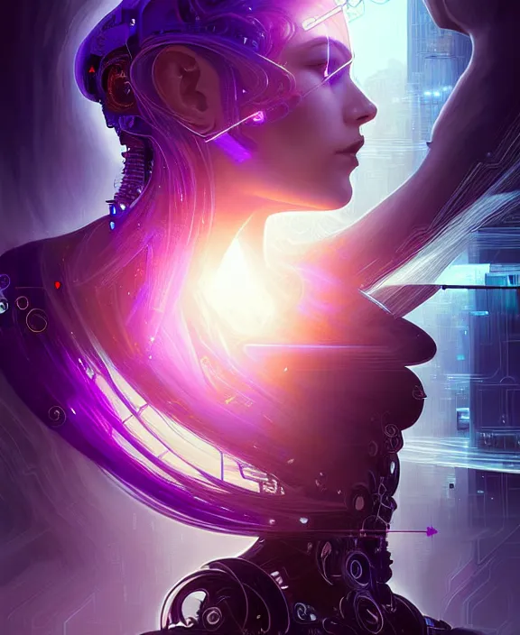 Image similar to a whirlwind of souls rushing inside the metaverse, hologram, half body, neurochip, shaved temple, piercing, jewelry, android, cyborg, cyberpunk face, by loish, d & d, fantasy, intricate, elegant, highly detailed, colorful, digital painting, artstation, concept art, art by artgerm and greg rutkowski and alphonse mucha